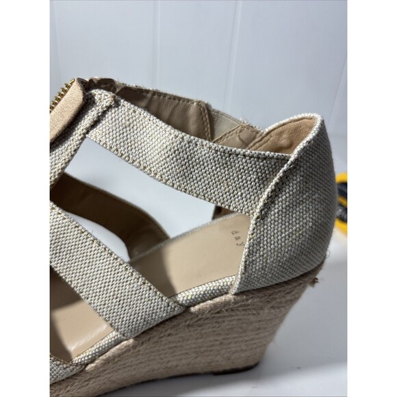 Wedge Platform Sandals Nude Tan Peep Toe Espadrille Dressy Gold Zip Sz 7 NWOT - Picture 6 of 16